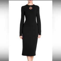 New With Tag Luxury Long Sleeve Midi Evening Dress, Luxury Long Sleeve Black Midi Dress, Luxury Black Long Sleeve Midi Dress, Designer Long Sleeve Cocktail Dress, Designer Fitted Midi Dress For Evening, Designer Fitted Midi Dress, Designer Midi Length Cocktail Dress, Luxury Black Midi Length Dress, Designer Evening Midi Dress