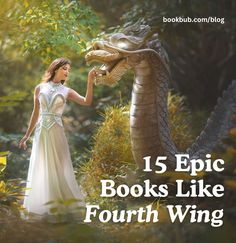 a woman in a white dress standing next to a large snake with the words, 15 epic books like fourth wing