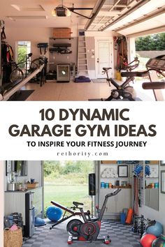 the inside of a garage with bikes and exercise equipment