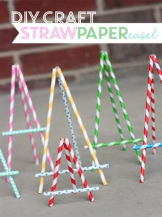 three different colored paper straws with the words diy craft staw paper easel