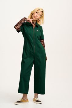 Ragan Is Our Zip Front Short Sleeve Jumpsuit With A Wide Cropped Leg And Elasticated Back For Comfort. Available Here In Posy Green! Our Fit Short Sleeve With Fixed Turn Up Fitted Bodice With Back Elasticated Waist Channel Closer Fitting On The Hips With Wide Crop Length Leg Standard Collar With A Zip Opening At Front Chest Pocket, Deep Hip Pockets And Back Patch Pockets The Fabric 100% Organic Cotton Twill - Made From Gots Certified Organic Cotton Yak Care Machine Washable Cool Iron On Reverse Modelled By Flossie, Uk 8, 5Ft 7, Wears Uk10 | Ragan, Cotton Jumpsuit In Green, Size: UK 4 | Lucy & Yak All Green Outfit, Short Sleeve Jumpsuit, Cotton Jumpsuit, Short Sleeve Jumpsuits, Turn Up, Tee Dress, Skirt Top