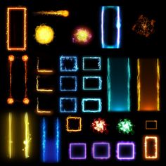 an array of neon lights and shapes on a black background, including rectangles