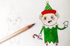 a drawing of a cartoon elf with a candy cane in his hand and a pencil next to it