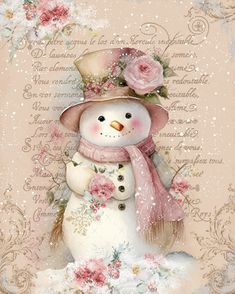 a snowman wearing a pink hat and scarf with roses on it's head