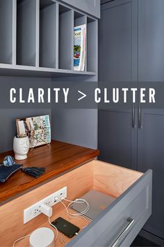 a cluttered kitchen counter with the words clutter above it and an image of bookshelves