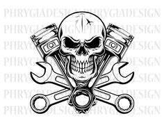 a skull with wrenches and skulls on it's face is shown in this image