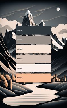 a poster with mountains and trees in the background, which has different colors to choose from