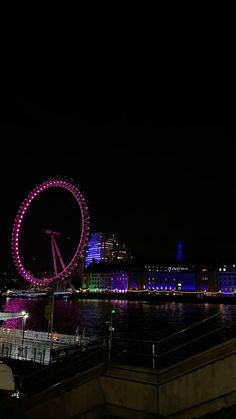 the ferris wheel is lit up at night by the water's edge and buildings in the background