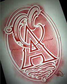 a red and white ink drawing of the letter a in a circle with swirls