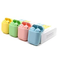 four different colored airpods are lined up in a row on top of each other