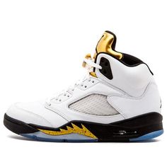 The Air Jordan 5 Retro 'Olympic' will have you feeling like a champion. This sneaker celebrates the 2016 Summer Olympics in Rio and features a white leather upper with black and gold accents. The Ice Blue translucent outsole is inspired by the medal podium and is sure to turn heads. This release also comes with a Metallic Gold tongue, a nod to the first place medals handed out at the games. Whether you're lacing them up for a game or just hitting the streets, the Air Jordan 5 Retro 'Olympic' will have you feeling like a winner. (AJ5/SNKR) Gold Basketball Shoes With Boost Midsole, Gold Basketball Shoes With Boost Midsole For Sports, Gold Sporty Basketball Shoes, Sporty Gold High-top Custom Sneakers, Gold High-top Basketball Shoes, Gold Sneakers With Abzorb Midsole For Sports, Gold High-top Sneakers For Sports, Gold Custom Sneakers For Sports With Branded Insole, Gold High-top Custom Sneakers For Sports