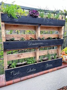 a wooden planter filled with lots of plants