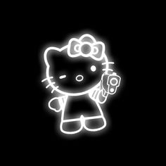 a neon hello kitty holding a cell phone in her right hand and wearing a bow