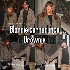 blonde turned into brownie in front of stairs with text reading blonde turned into brownie