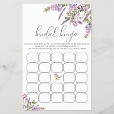 a printable bridal bingo game with purple flowers on the front and white background