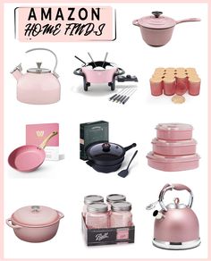 pink kitchenware and cooking utensils are featured in this post