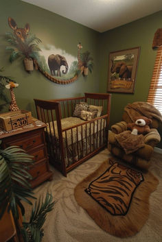 a baby's room decorated in green and brown