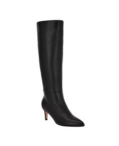 in stock Classic Pointed Toe Knee-high Boots Medium Width, Glamorous Black Knee-high Boots With Pointed Toe, Black Pointed Toe Knee-high Boots In Faux Leather, Black Synthetic Pointed Toe Knee-high Boots, Black Knee-high Boots With Pointed Toe And Medium Width, Knee High Boots Dress, Calvin Klein Woman, Black Leather Boots, Dress And Heels