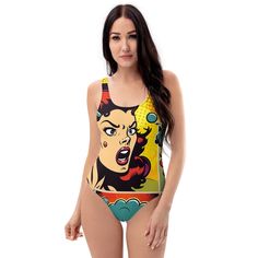 Introducing our premium pop art print one piece swimsuit featuring design in the form of a page out of a comic book. Our comic book design summer swimwear is the perfect addition to any fashion-forward woman's wardrobe. The vibrant design and high-quality fabric make this swimwear both comfortable and unique, making it a must-have for your next vacation or beach day. Make heads turn when you wear this stunning trendy beach wear!  Makes a great retro gift for pop art or Andy Warhol lovers! Our de Fun Cartoon Print Swimwear, Playful Graphic Print Swimwear, Multicolor Character Print Swimwear For Beach, Multicolor Cartoon Print Fun Swimwear, Fun Multicolor Cartoon Print Swimwear, Fitted Multicolor Character Print Swimwear, Fitted Multicolor Swimwear With Character Print, Comic Book Design, Buch Design