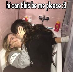 two women hugging each other in a bathroom with the caption hi can this be me please 3