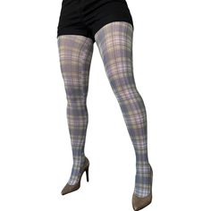 A classic plaid pattern pantyhose is the best way to look Chic, always on-trend, a timeless style to add to all wardrobes. A white opaque tights with a touch of line blue, green, and gray. For a quick outfit update, try these great classic plaid print. Check out all our plaid prints available in a variety of colors and footless tights for all ladies. - All printed hosiery is produced by hand, this process results in a unique pair each time. - Discover all our patterned stockings for women. Very Retro Fitted Stockings, Retro Thigh-high Fitted Tights, Retro Thigh-high Stretch Tights, Retro Thigh-high Legwear, Retro Thigh High Stretch Tights, Plaid Tights, Yellow Tights, Stockings For Women, Floral Tights