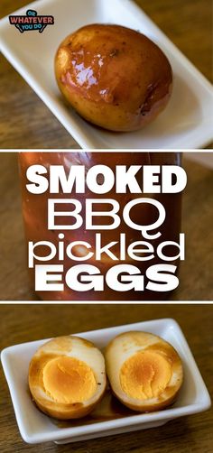 smoked bbq pickled eggs on a white plate