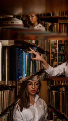 two women standing in front of bookshelves with one pointing at the other woman's head