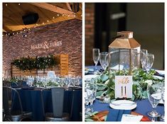 the tables are set up for an event with blue linens and greenery on them