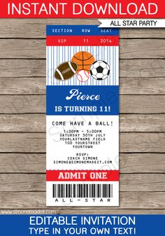 printable sports ticket birthday party