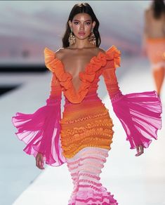 فستان سهرة, Orange And Pink, Glam Dresses, Orange Dress, Lookbook Outfits, Fashion Killa, Fancy Dresses, Couture Fashion, Classy Outfits