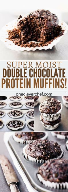 chocolate muffins on a baking sheet with the words super moist double chocolate protein muffins