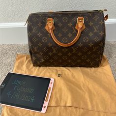 Authentic Speedy 30. No Cracks On Canvas And Beautiful Patina On Handles. Zipper Works Great. Zipper Pull Tag Js No Longer There. Some Wear On The Chaps And A White Mark In The Interior. Will Include Dust Bag And Insert. Lv Speedy, Speedy 30, White Mark, Louis Vuitton Bag, Patina, Dust Bag, Handles, Bag Lady, Louis Vuitton