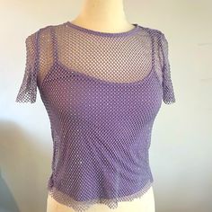 Fun Dressy Party Top. Pretty Lavender Color Purple Sheer Tops For Party, Lavender Top For Night Out In Spring, Trendy Short Sleeve Mesh Top For Party, Sheer Purple Party Top, Fitted Casual Mesh Top For Party, Purple Fitted Sheer Top, Purple Tops For Night Out In Spring, Trendy Lavender Top For Party, Fitted Sheer Purple Top