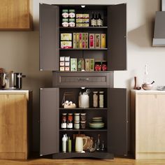 an open cabinet in the middle of a kitchen with lots of spices and condiments