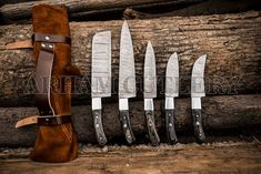 Damascus Steel 5 PCS Hand Forged Chef Knife Set With Leather Roll Kit Knife Set Kitchen, Handmade Knives