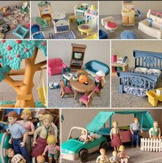 there are many different pictures of toys in the same photo, including children's beds and furniture