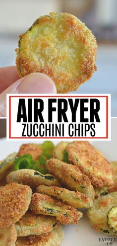 air fryer zucchini chips on a white plate with the title above it