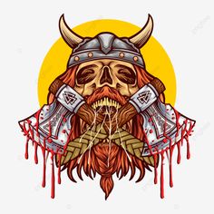 an image of a viking skull with two axes and blood dripping down from it's face