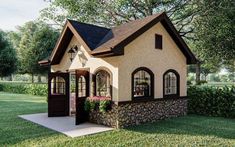 the small house is made out of stone and wood