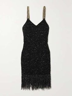 BALMAIN Chain-embellished fringed sequined bouclé-tweed mini dress | NET-A-PORTER Luxury Mini Dress For Date Night During Party Season, Elegant Mini Sequin Dress For Holiday Party, Embellished Dresses For Holiday Party Evening, Embellished Tweed Evening Dress, Chic Embellished Fitted Tweed Dress, Embellished Tweed Dress For Party, Chic Sequin Mini Dress For Evening, Chic Tweed Dress With Sequins For Parties, Chic Embellished Tweed Dress For Formal Occasions