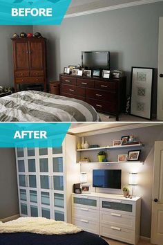 before and after pictures of a bedroom with built - in shelving, dressers and bed