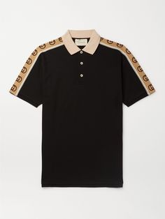 A twist on the classic polo shirt, Gucci's design is made from stretch-cotton piqué and trimmed with webbing that's jacquard-woven with the label's interlocking 'GG' monogram. While the contrasting collar feels a bit retro, the reflective piping gives it a cool futuristic look, too. Luxury Monogram Print T-shirt For Men, Polo T Shirt Design Ideas, Gucci Clothes For Men, Gucci Shirt Mens, Gucci Tshirt Men, Gucci Men Outfit, Gucci Outfit Men, Gucci Polo Shirt Men, Gucci T Shirt Women