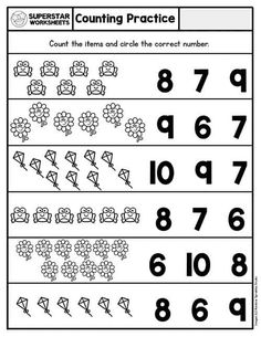 counting practice sheet with numbers and symbols for the number 1 to 10, including flowers