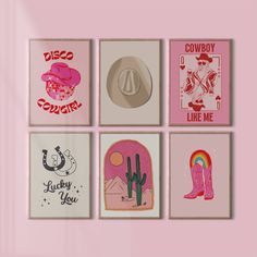 four square prints with cowboy designs on them in pink and white, against a light pink wall