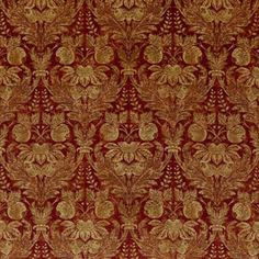 a red and gold wallpaper with an ornate design on it's surface,