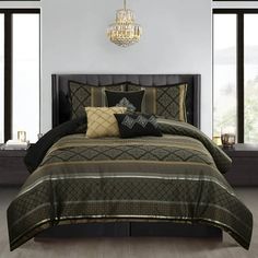 TEFIA 7 pieces Jacquard Bedding Set offers a luxurious traditional update for your bedroom. An elegant jacquard design, in shades of gold and black with little ivory accent on the face on the comforter complements the top of the bed. Two shams perfectly complement the comforter, while three decorative pillows with embroidery and pintuck details and a solid black bed skirt provide the finishing touches. Size: California King. Gold Comforter Set, Gold Comforter, Jacquard Bedding, Black Sage, Black Bed, Sanctuary Bedroom, Jacquard Design, King Comforter Sets, Bed Skirt