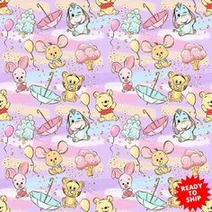 seamless pattern with teddy bears and umbrellas in pastel colors on a pink background