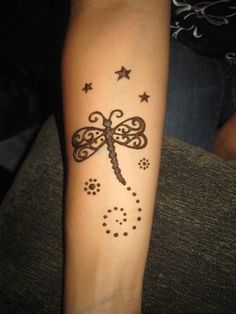 a woman's arm with a tattoo on it that has stars and a dragon