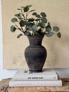 a black vase with green leaves on top of two books and a painting behind it