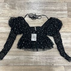 New With Tags! Free People | Penelope Top In Black Moon Combo. Long Ruched Sleeves Sheer Mesh Fabrication Cropped Floral Print Black Puff Sleeve Top For Party, Free People Summer, Free People Blouse, Black Balloons, Black Moon, Bell Sleeve Blouse, Henley Top, White Eyelet, Turtle Neck Top